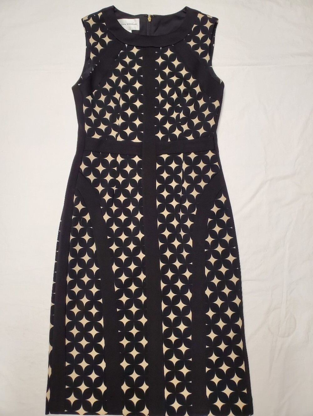 Donna Morgan Black Cream Geometric Print Sheath Dress Sz 2 Sleeveless Career